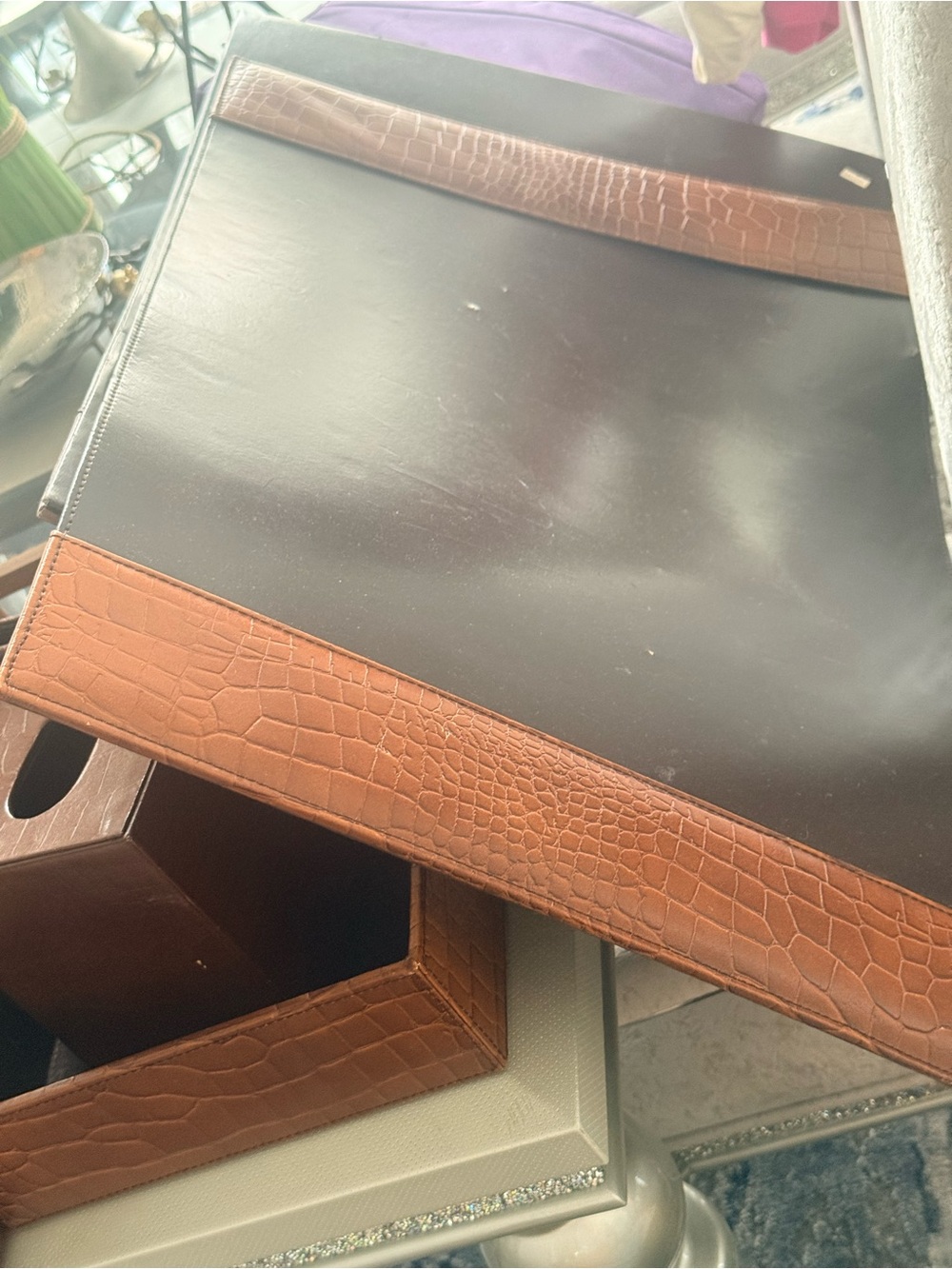 Brown Crocodile Embossed Desk Organizer Set